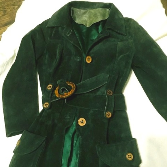 Vintage Green  Suede Leather trench coat - Picture 2 of 8
